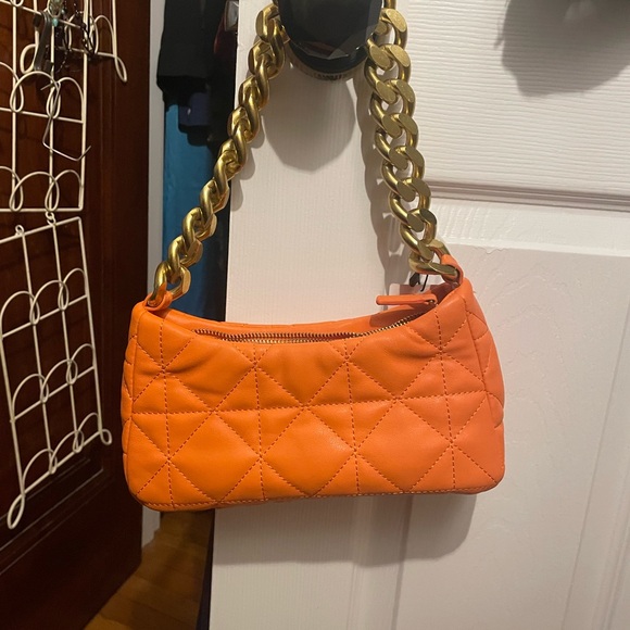 Mango Handbags - Mango Orange Quilted Baguette Purse with Gold Chain
